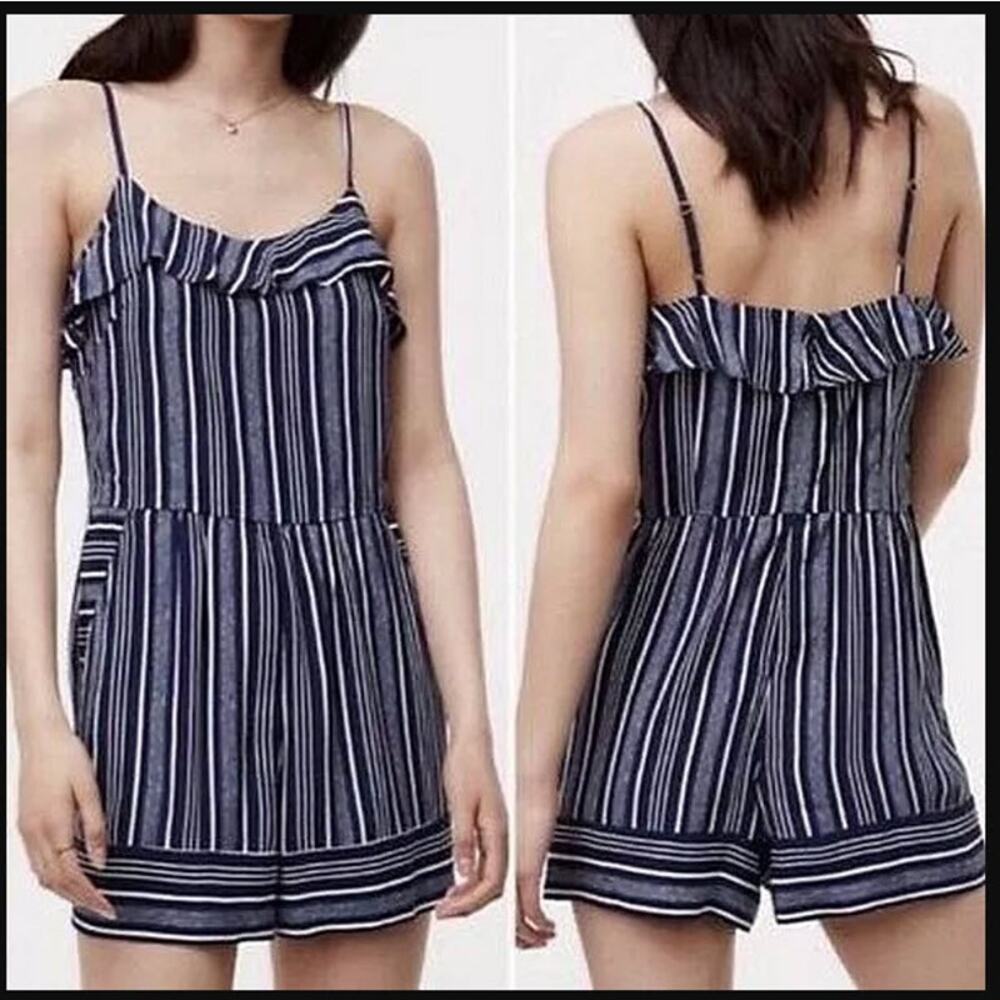 Loft Ann Taylor Women Romper Sleeveless Navy Blue Striped Ruffle Size 10